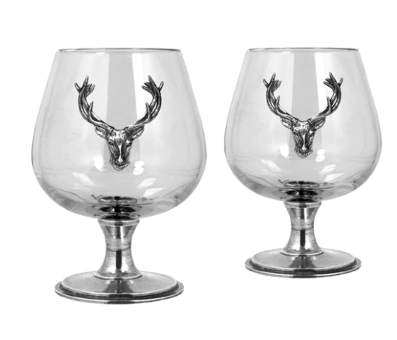 English Pewter Double Brandy Snifter Glass Set with Pewter Stag-1