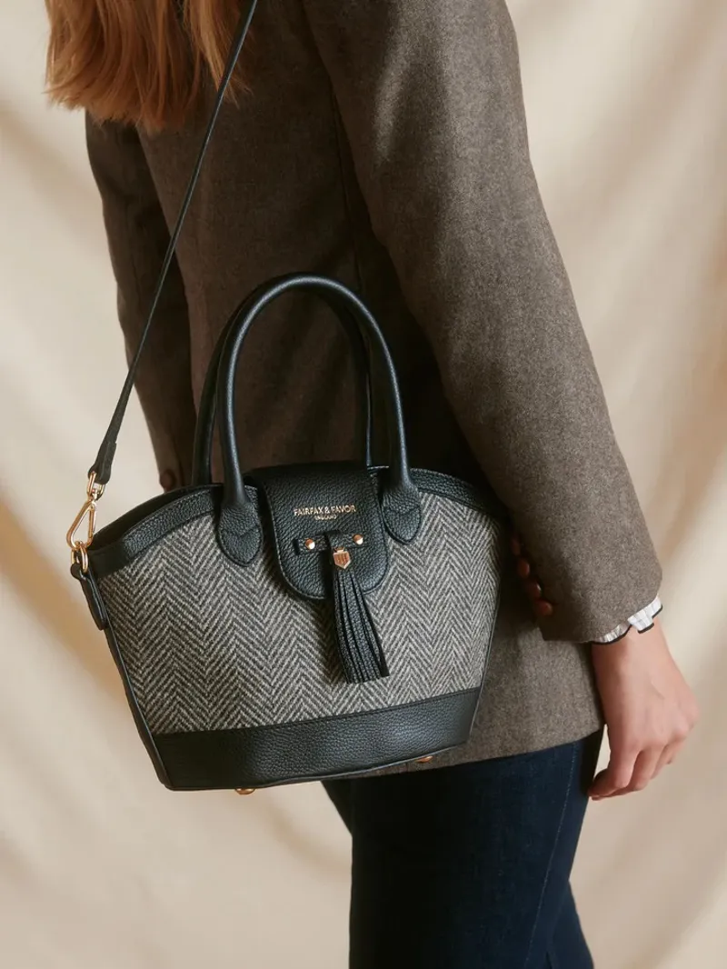 Fairfax and Favor Mini Windsor Herringbone Tote - Black Leather-5