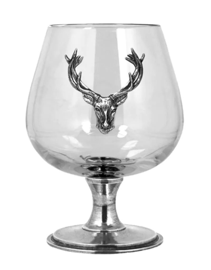 English Pewter Double Brandy Snifter Glass Set with Pewter Stag