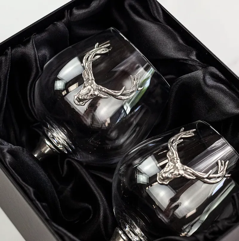English Pewter Double Brandy Snifter Glass Set with Pewter Stag-2