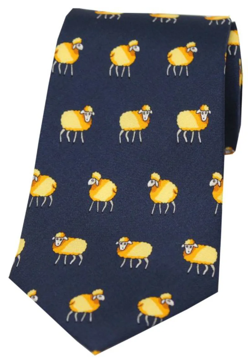 Soprano Yellow Orange Sheep On Navy Ground Country Silk Tie