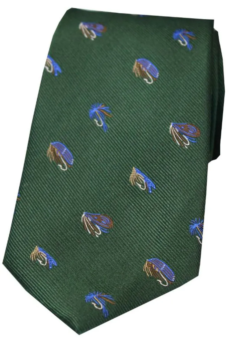 Soprano Fishing Flies On Racing Green Ground Country Silk Tie