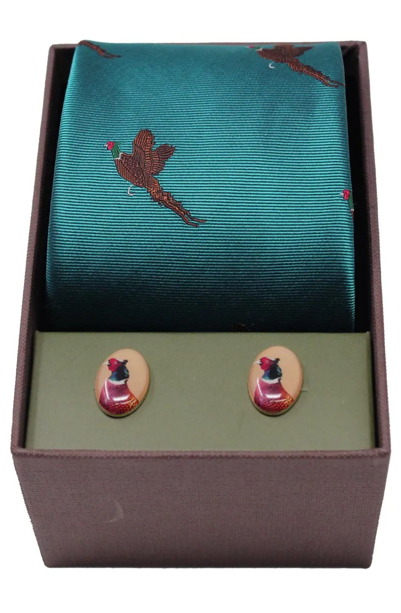 Soprano Flying Pheasants on Teal Ground Tie and Cufflink Set