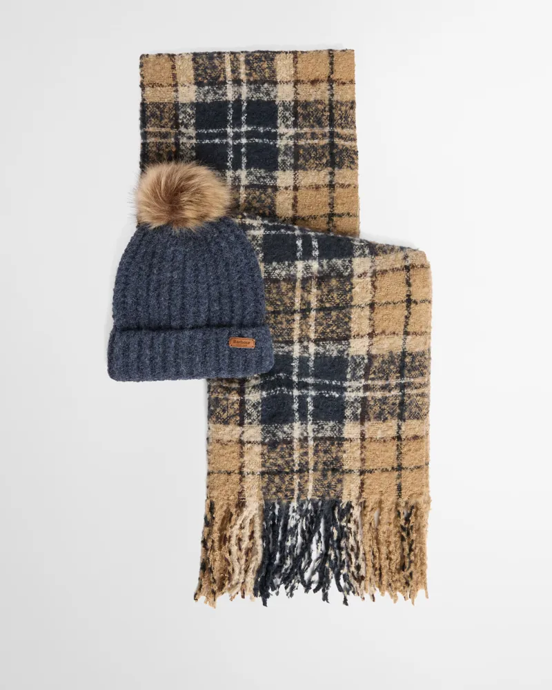 Barbour Saltburn Beanie and Tartan Scarf Set - Birchwood-1