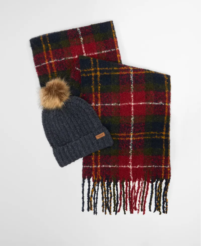 Barbour Saltburn Beanie and Tartan Scarf Gift Set - Winterberry Tartan-1
