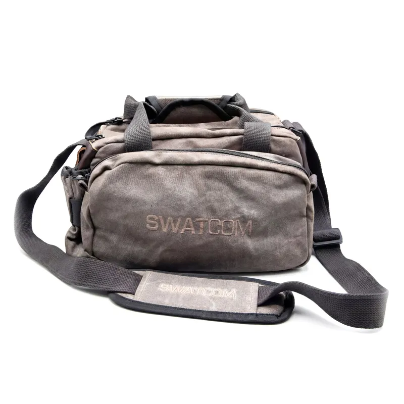 SWATCOM Tactical Gear Medium Shooter Range Bag BROWN Canvas/Leather with Black Logo with Water Bottle Holder