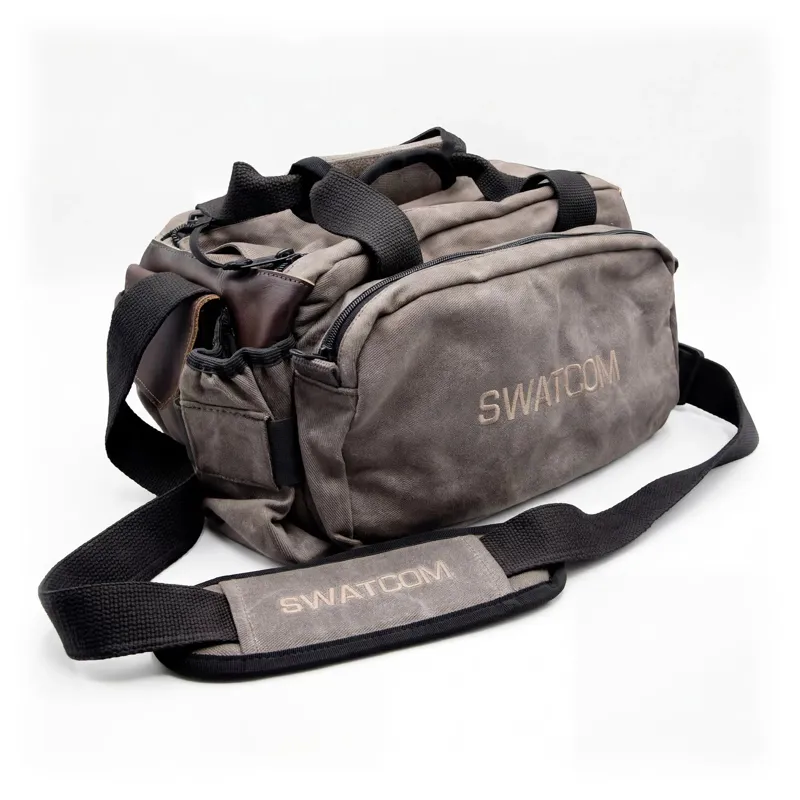 SWATCOM Tactical Gear Medium Shooter Range Bag BROWN Canvas/Leather with Black Logo with Water Bottle Holder-2