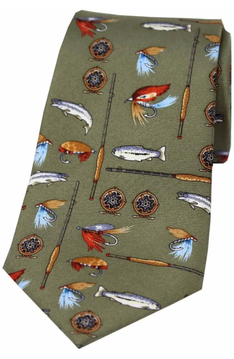 Soprano Fishing Tackle On Country Green Ground Country Silk Tie