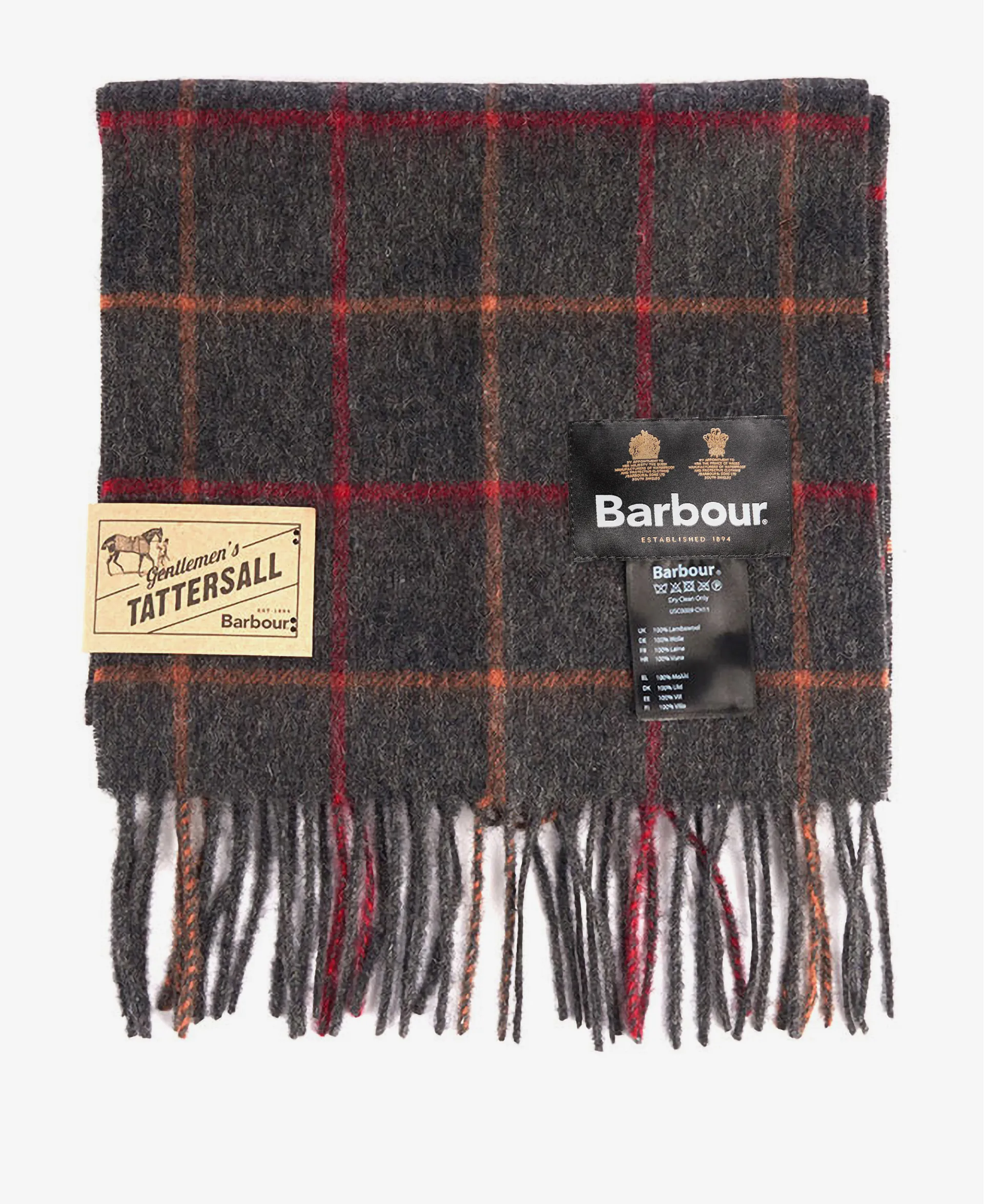 Barbour Tattersall Lambswool Scarf Charcoal Red