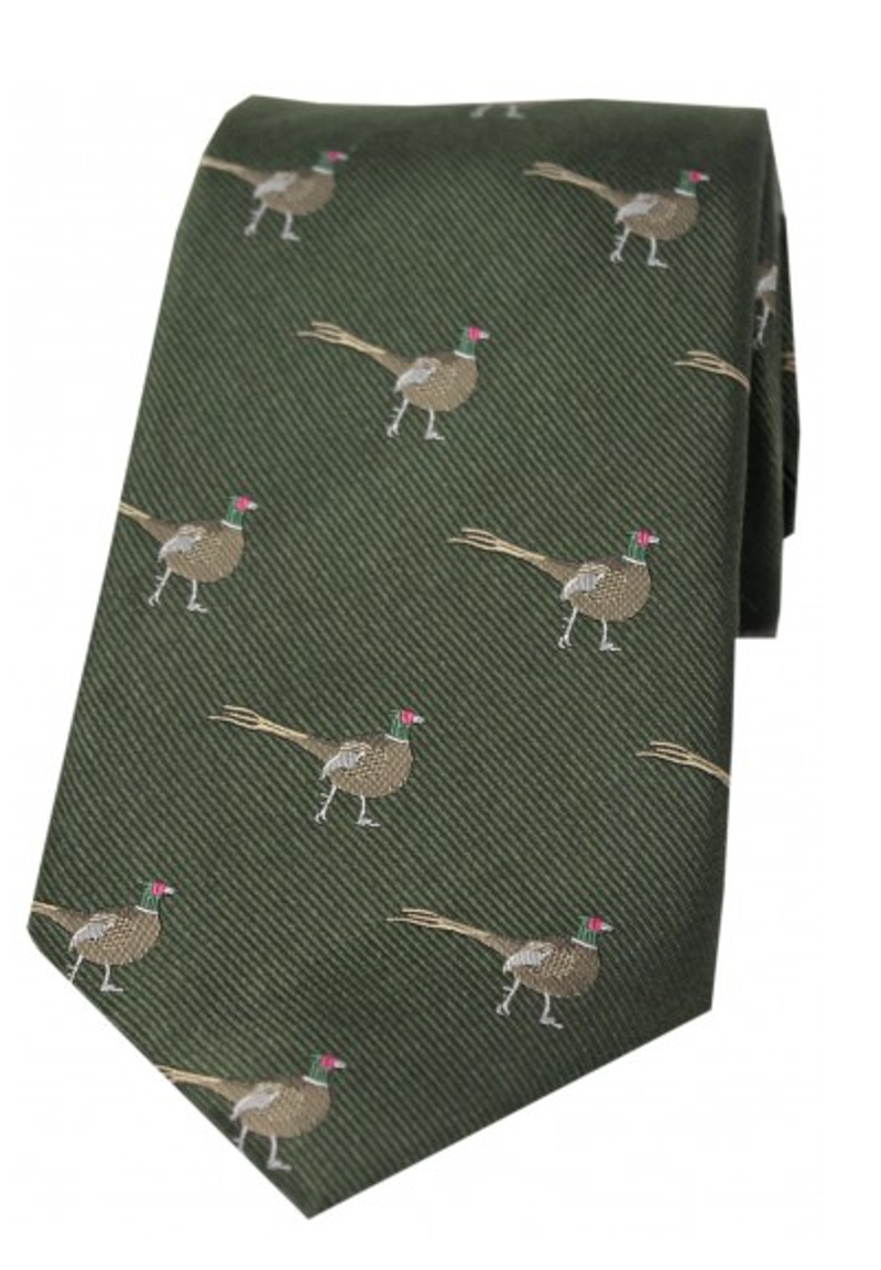 Soprano Standing Male Pheasant on Green Ground Country Silk Tie
