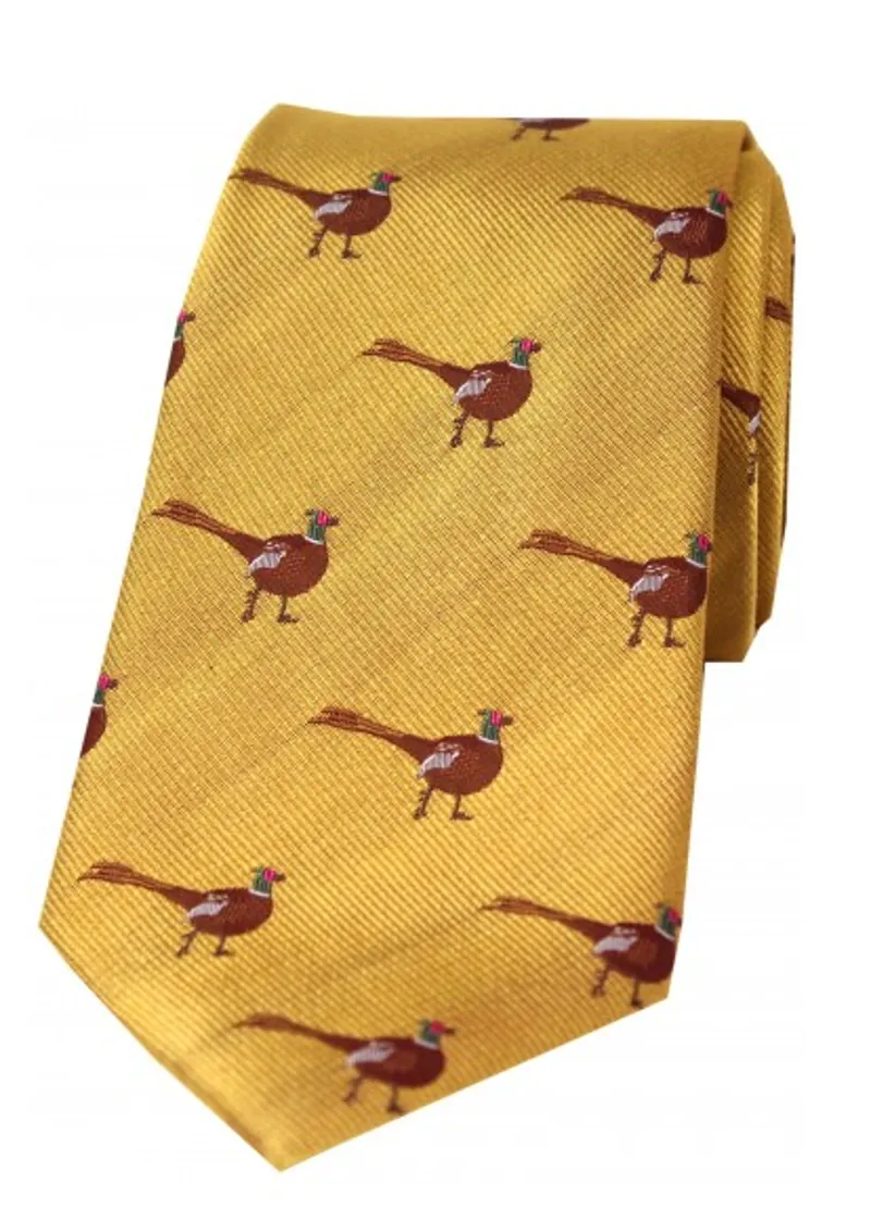 Soprano Standing Male Pheasant on Gold Ground Country Silk Tie