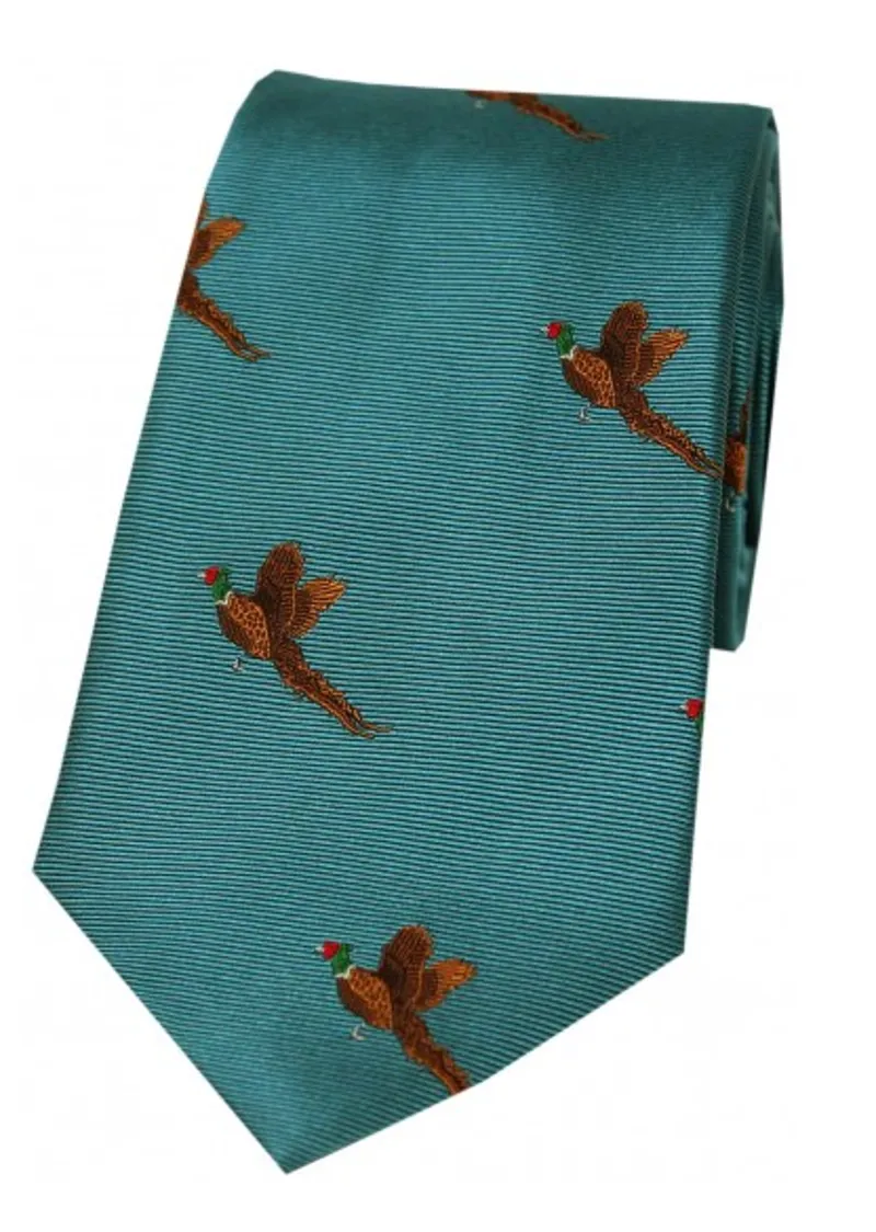 Soprano Flying Pheasants On Teal Ground Country Silk Tie