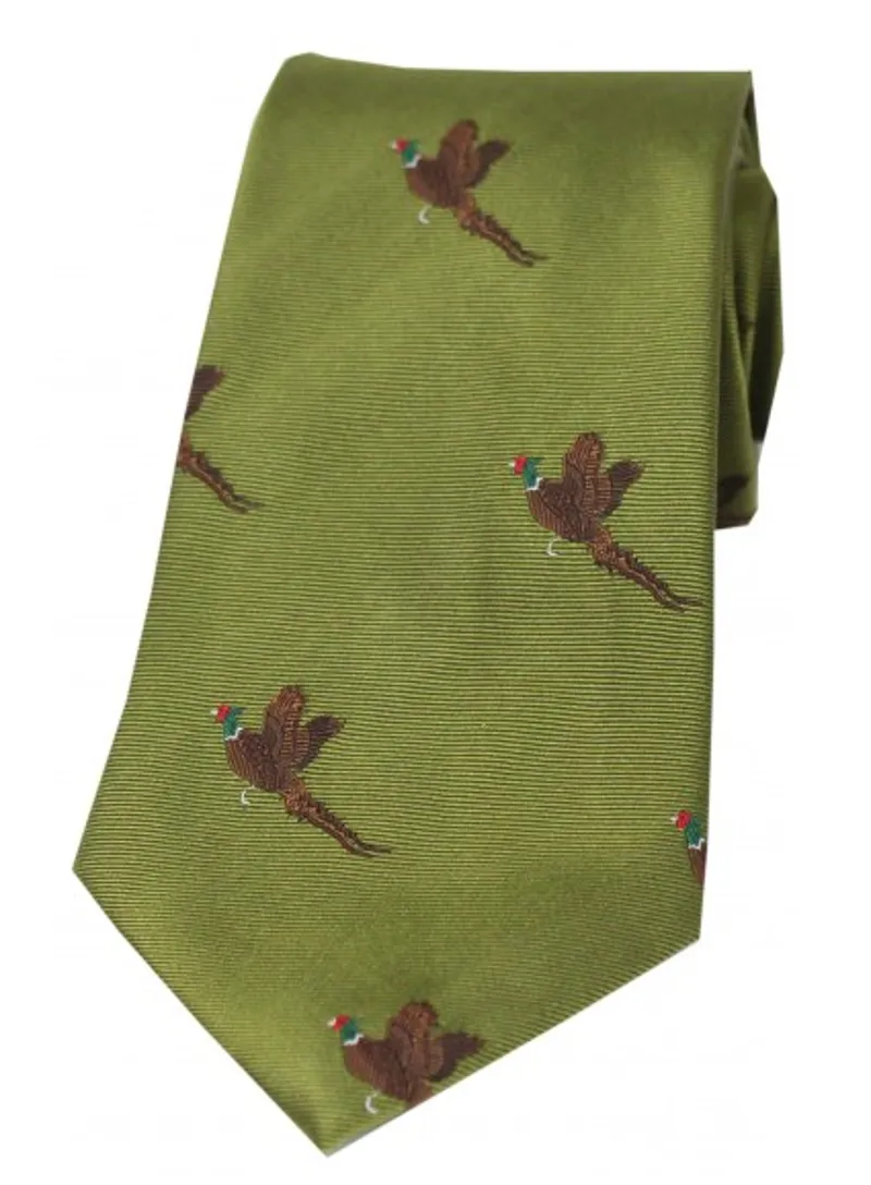 Soprano Flying Pheasants On Moss Green Ground Country Silk Tie