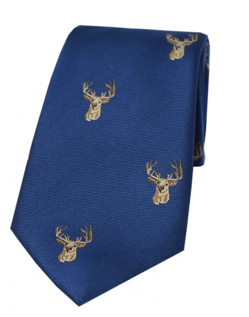 Soprano Stags Heads On Blue Ground Country Silk Tie