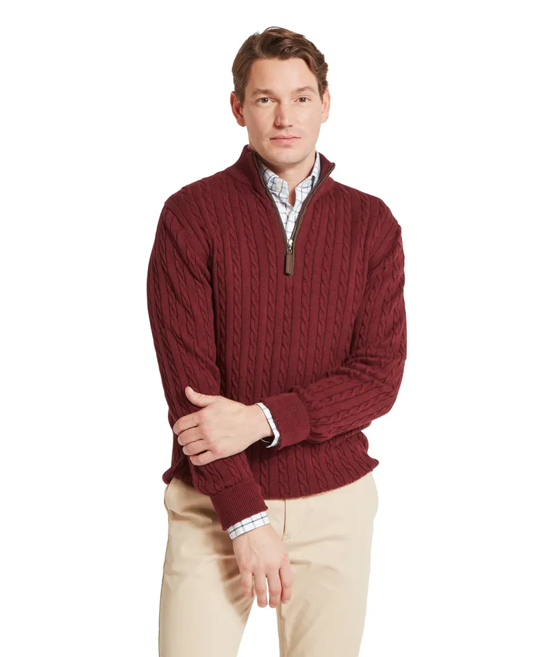Schoffel Calton Cotton Cashmere Cable 1/4 Zip Jumper - Burgandy-2