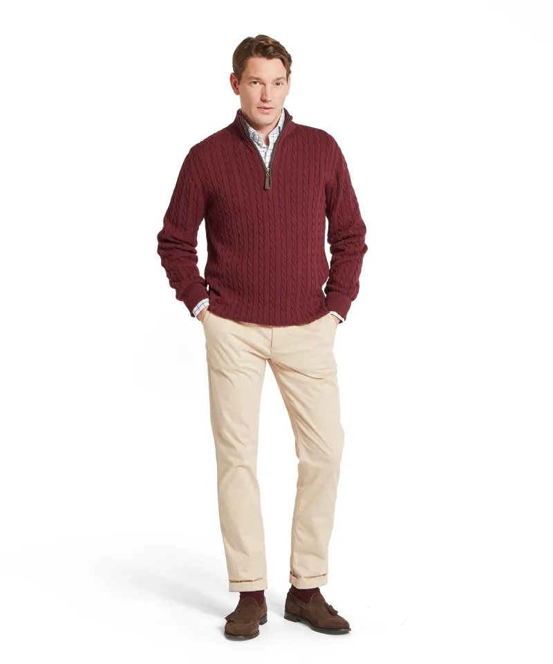 Schoffel Calton Cotton Cashmere Cable 1/4 Zip Jumper - Burgandy-3