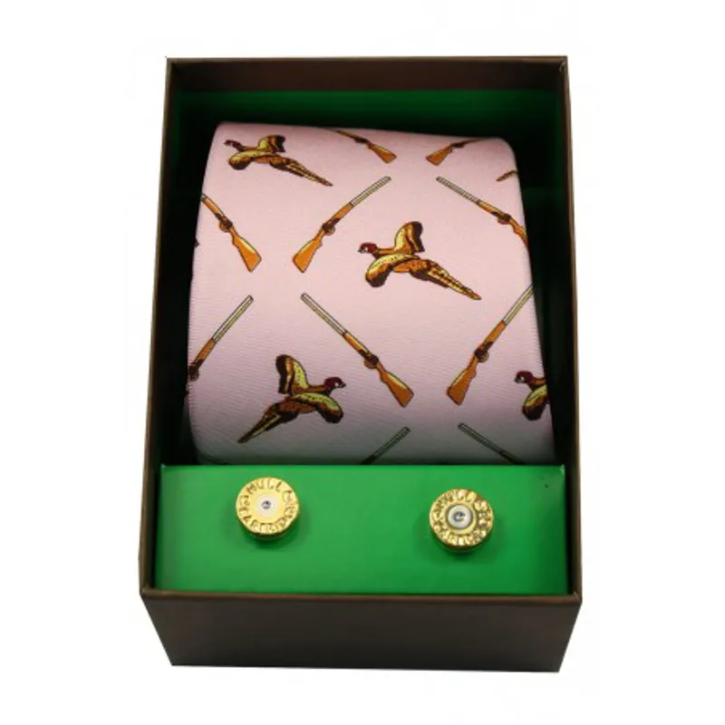 Soprano Pink Flying Pheasants and Shotguns Tie and Cufflink Set